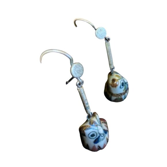 Owl Ceramic Earrings Artisan Handmade Pierced Silver Dangle - Picture 5 of 5